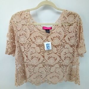 NWT Say What? Nude Tan Floral Lace Sheer Crop Top 100% Cotton L Overlay Layering